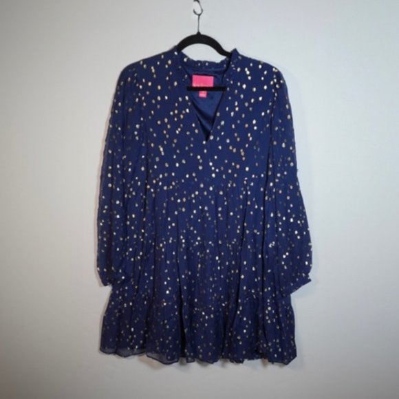 Dresses Lilly Pulitzer Sarita Silk Chiffon Tiered Swing Mini Navy Blue Gold Dress 1 Poshmark